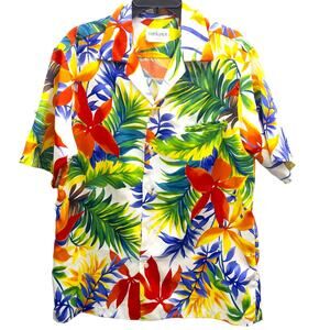Vintage Men's Hawaiian Button Down  Camp Shirt Chest Pocket Large Royal Palm